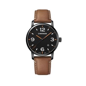 Reloj Urban Metropolitan correa de cuero color marrón, detalles café, dial negro, Wenger