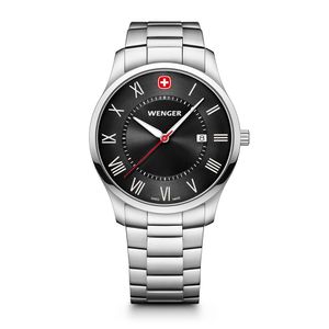 Reloj City Classic correa de acero inoxidable, dial negro, Wenger