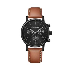 Reloj Urban Classic Chrono correa de cuero color marrón, dial negro, Wenger