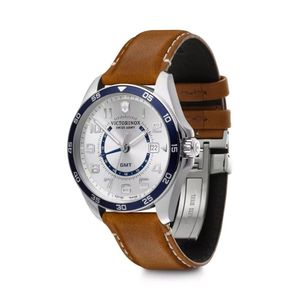 Reloj FieldForce Classic Chrono GMT correa de cuero marrón, dial blanco, Victorinox